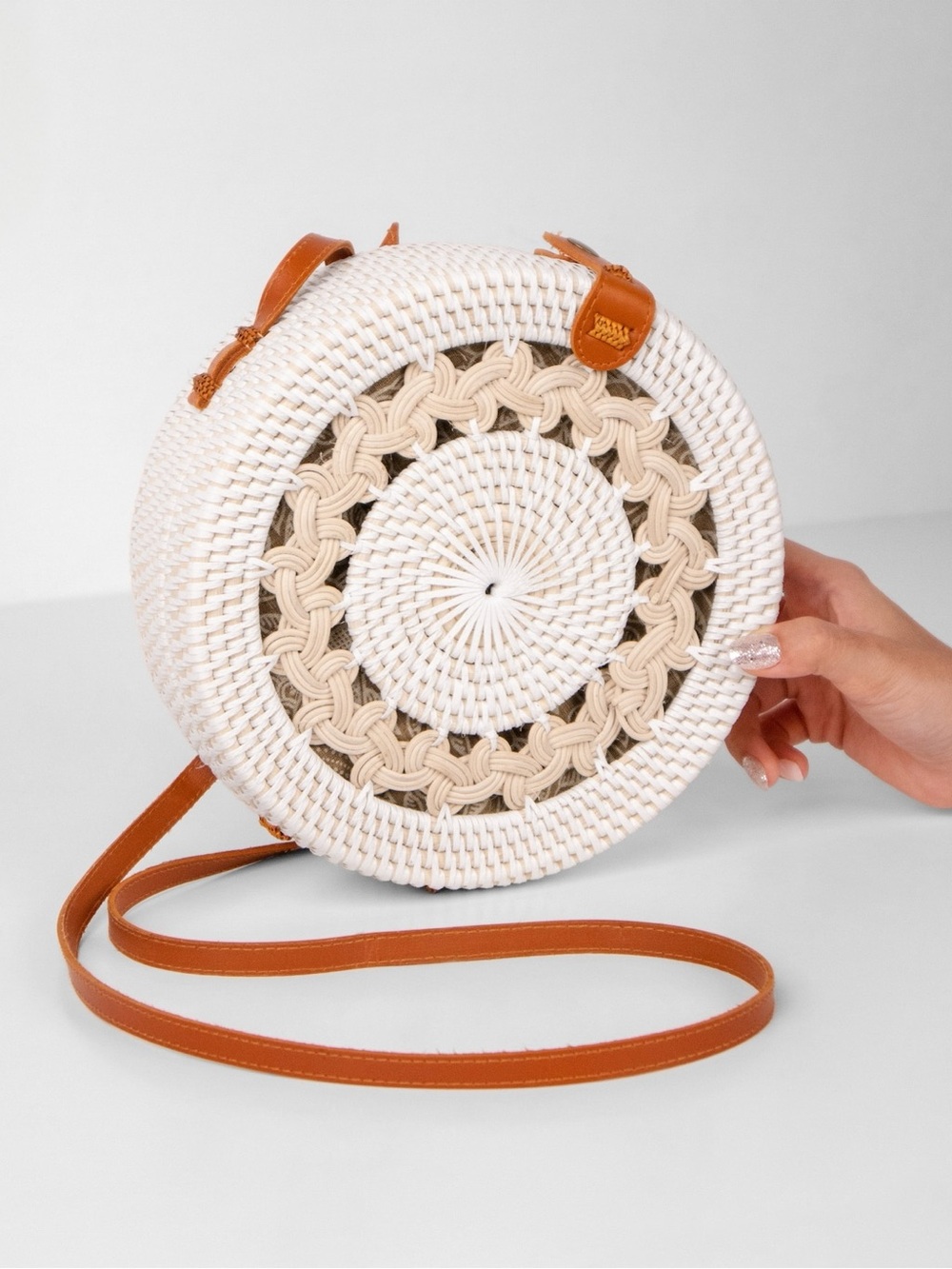 Hand Woven White and Tan Round Rattan Crossbody Purse Bali Canteen Bag